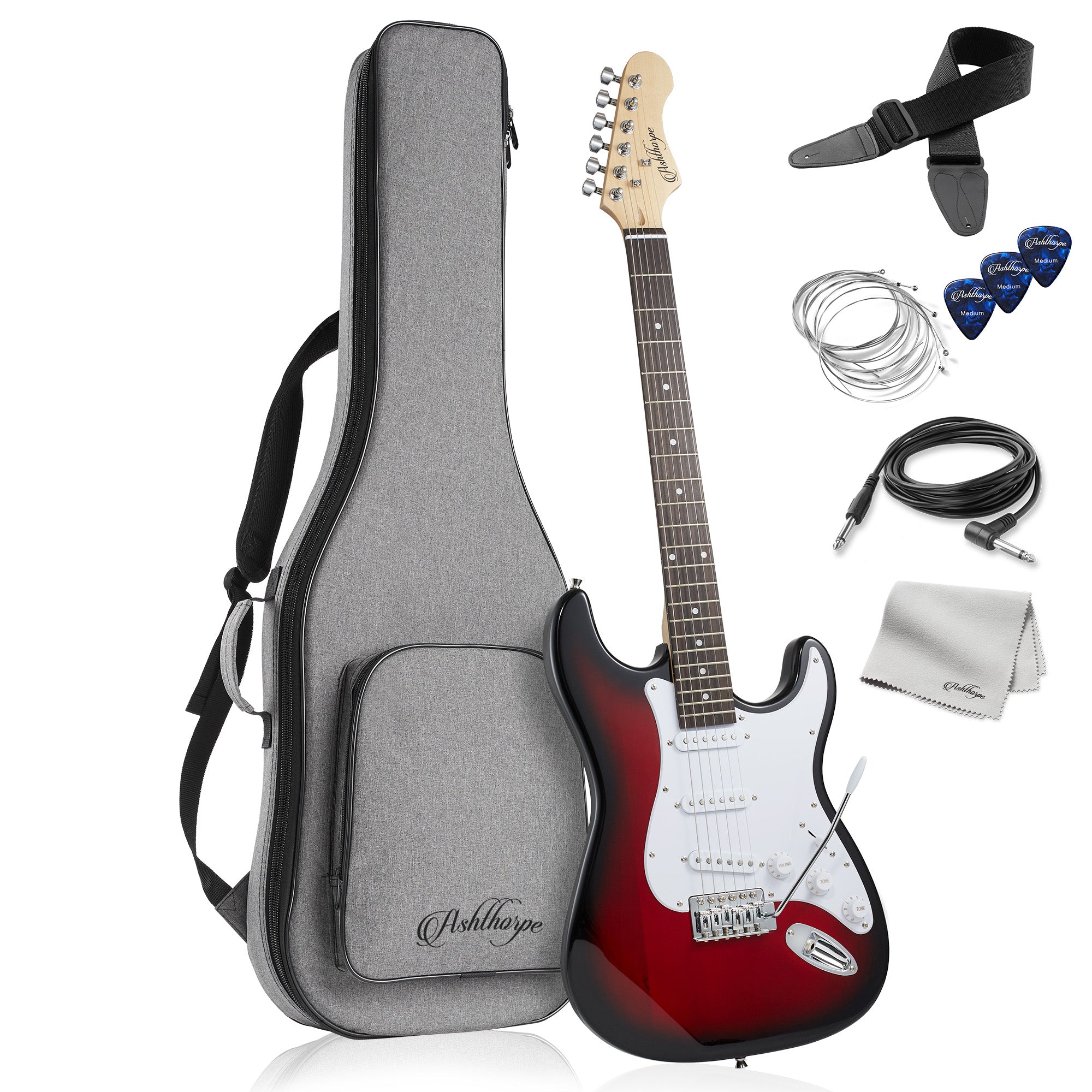 Ashthorpe 39 Full-Size Electric Guitar Beginner Kit (White-White) w/ Bag, Accessories